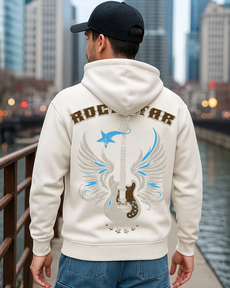 بيواكوف Men's Beige Rock Star Graphic Printed Oversized Hoodies